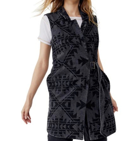 Free People Geometric Longline Denim Vest in Black Combo Oversize XS New NWT - Picture 3 of 9